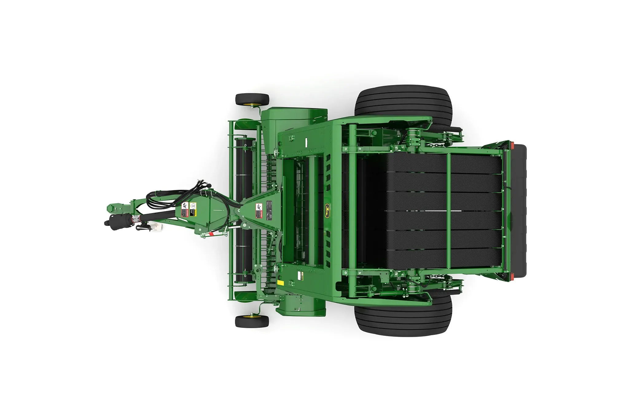 Studio rendering of 461R round baler top-down view on a white background, showing the tow hitch, hydraulic hoses, pickup assembly, bale chamber belts, large rear tires, and machine frame layout