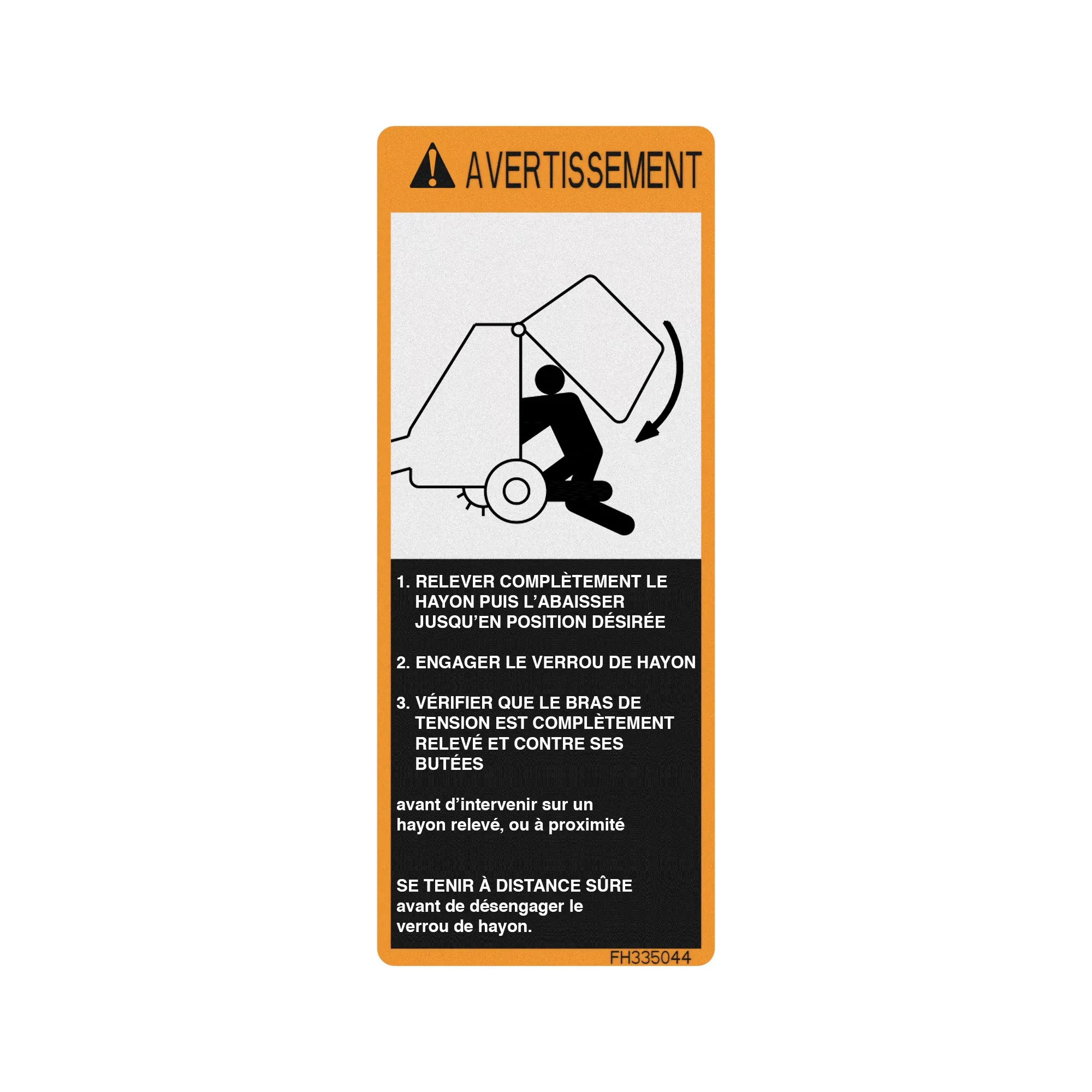 John Deere Gate Lock Warning Label, French - FH335044