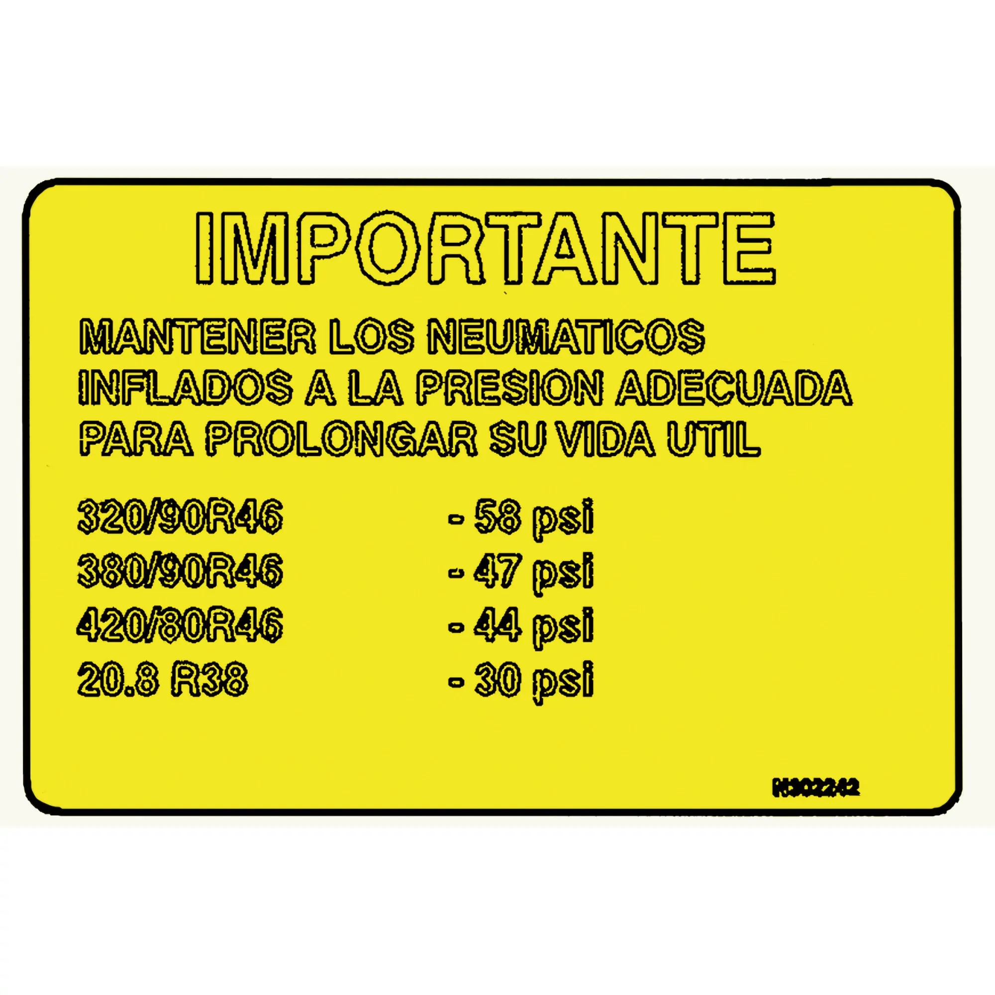 John Deere Label, Tire Pressure, Spanish - N302242