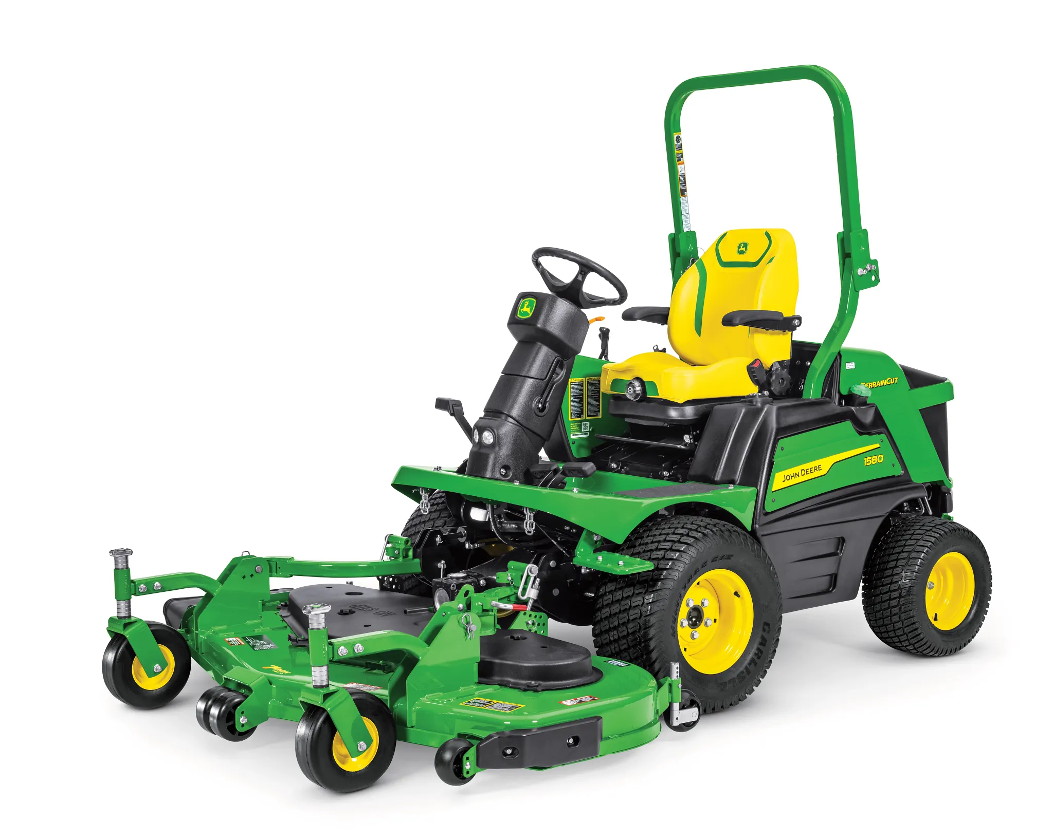 Front left studio view of a green, black, and yellow 1580 TerrainCutâ„¢ Front Mower