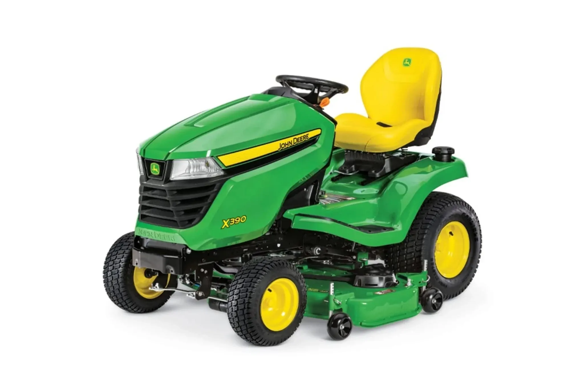 Studio front left view of a X390 Lawn Tractor with 48-inch Deck