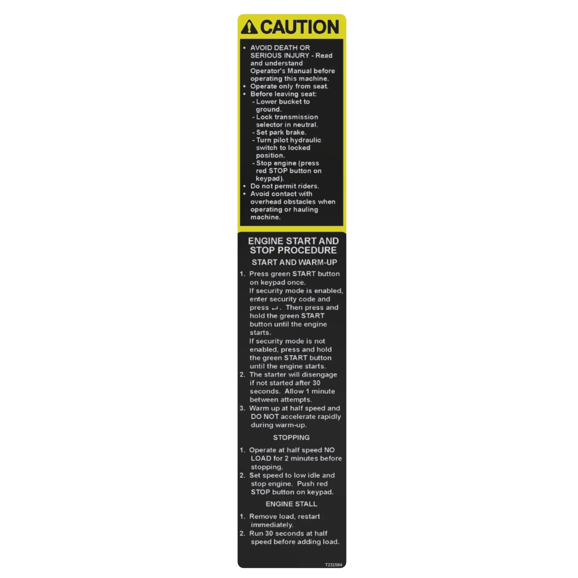 John Deere Safety Sign, Engine Start/Stop Caution - T231584