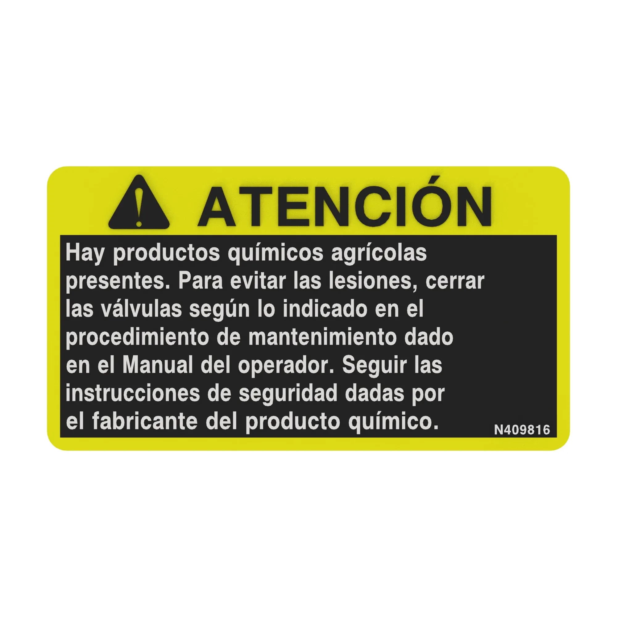 John Deere Agricultural Chemicals Warning Decal, Spanish - N409816