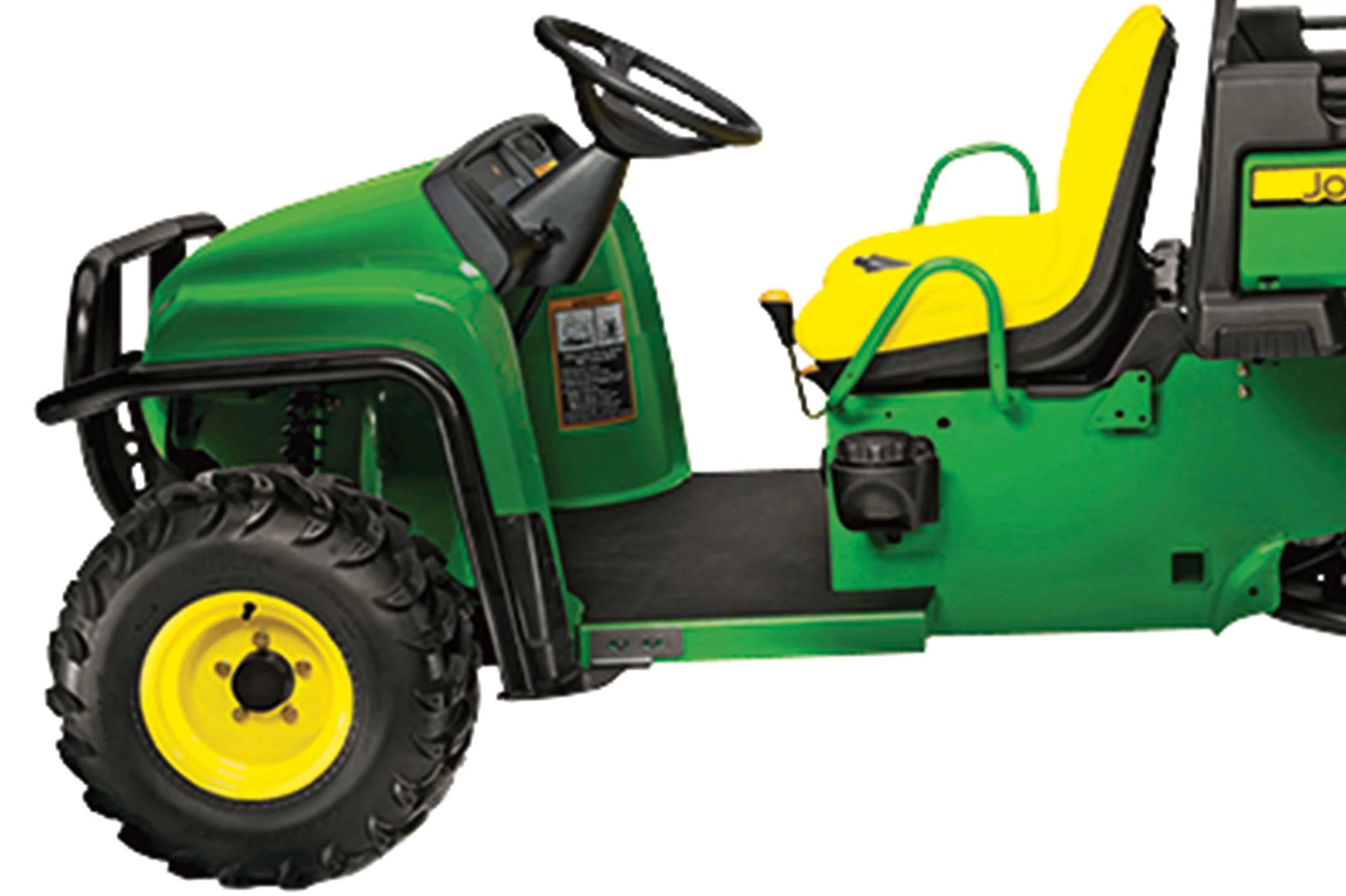 Side left studio view of the front half of a TX 4x2 Gator Utility Vehicle, featuring tire, yellow seat, steering wheel, and walk-through platform
