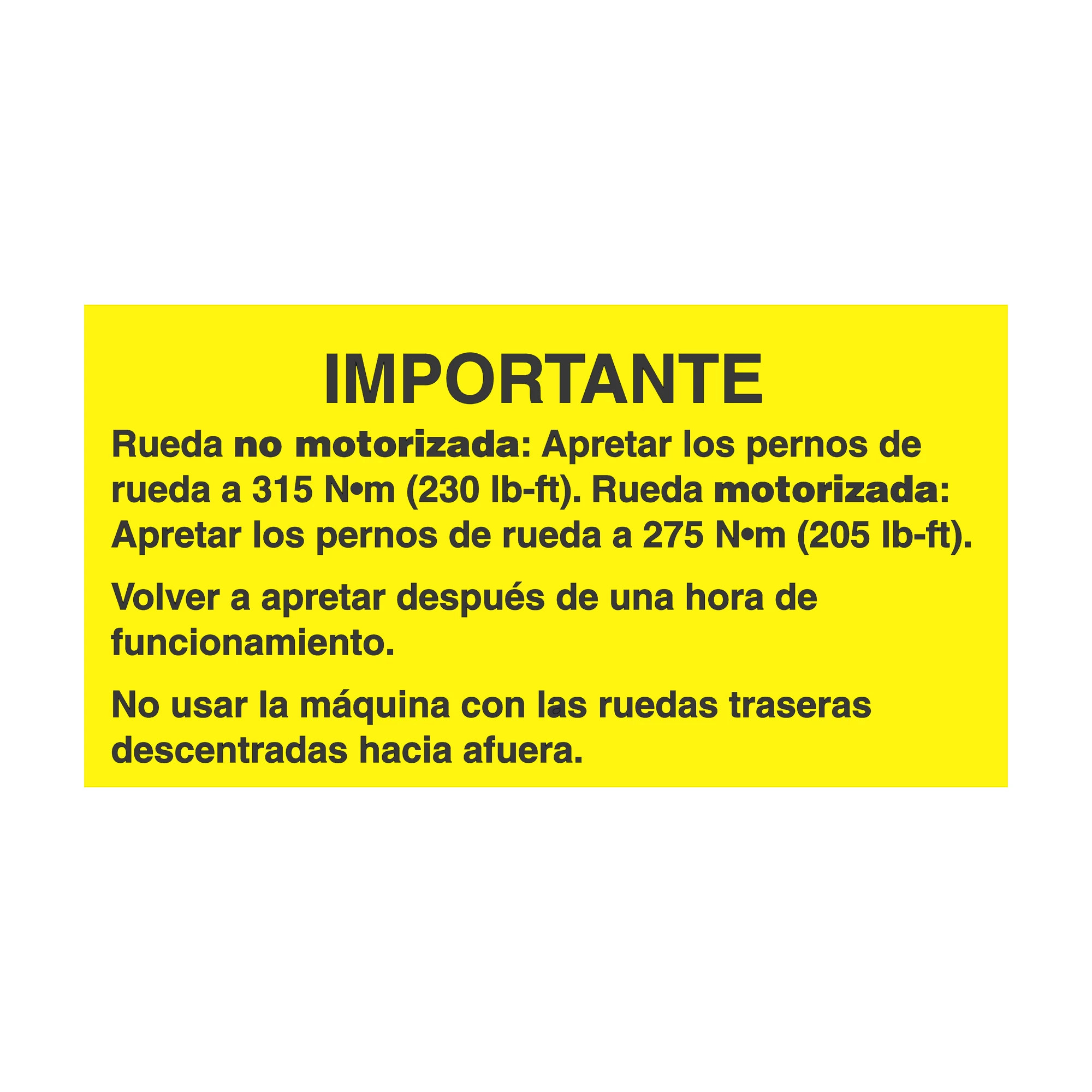 John Deere Rear Wheel Bolt torque Label, Spanish - H205759