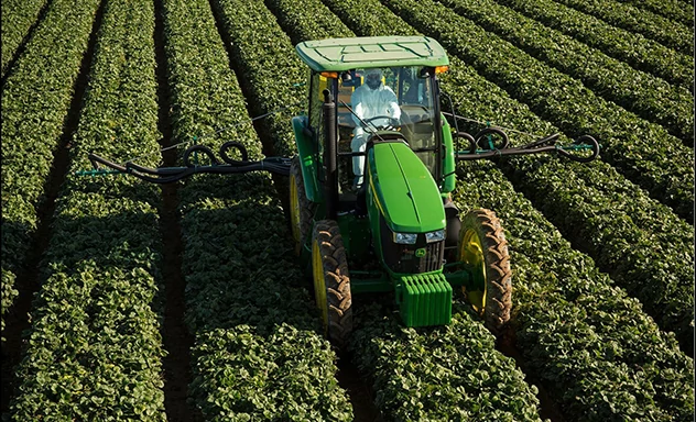Front view of a tractor pulling an implement down rows of crops in a field