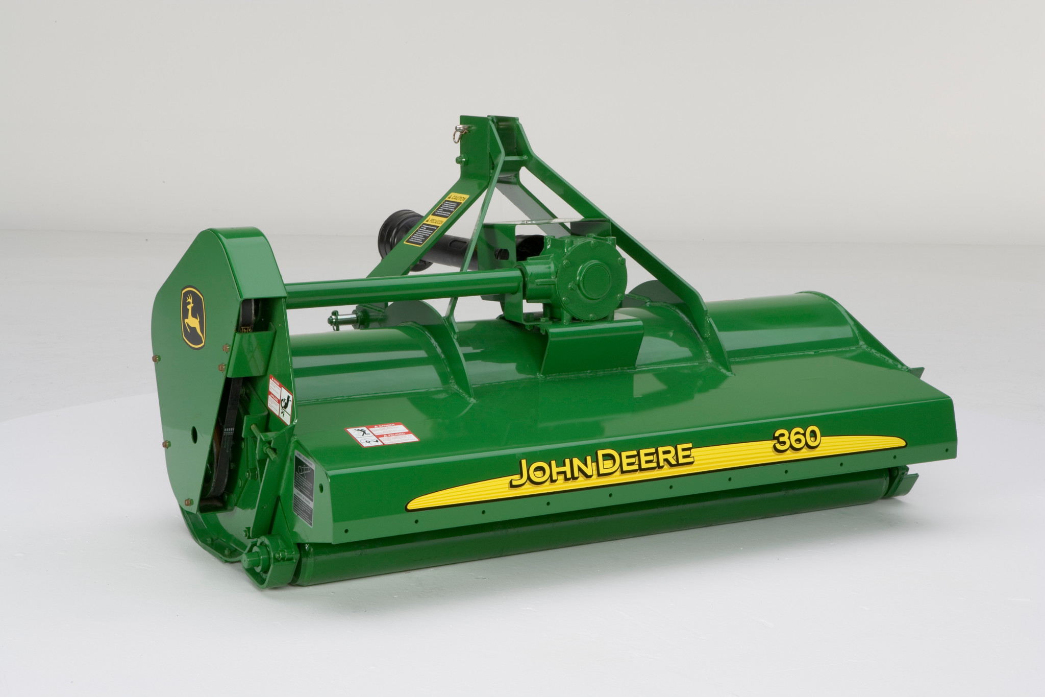 Green John Deere 360 Flail Mower attachment shown from a rear angle with a protective housing and mounting frame