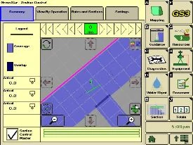 Screenshot of machine guidance and control software interface, showing a field map with directional arrows, status indicators, numeric readouts, and labeled buttons for functions such as coverage, speed, guidance, diagnostics, and system controls.