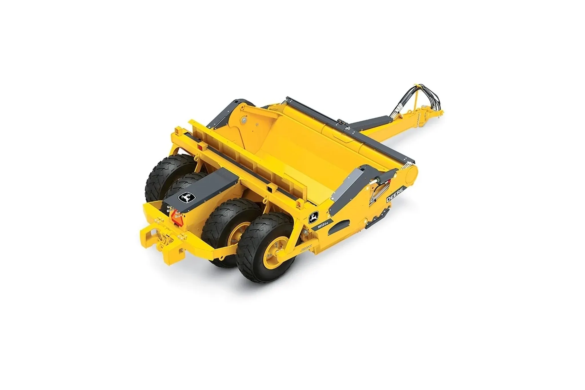 1612DE Scraper Systems with a close up of a yellow construction vehicle with a large wheel