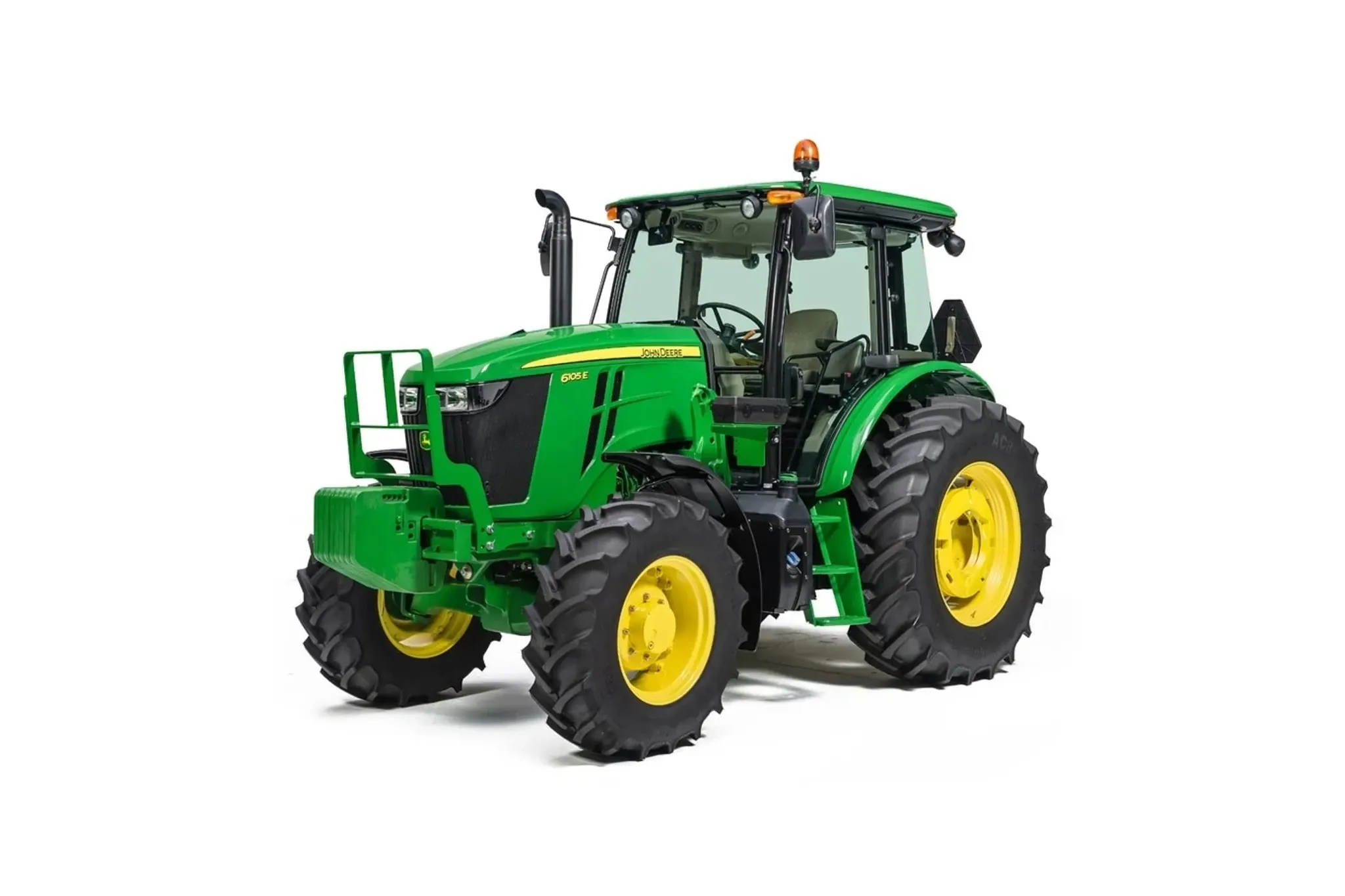 Studio image with a front left view of a 6105E Utility Tractor