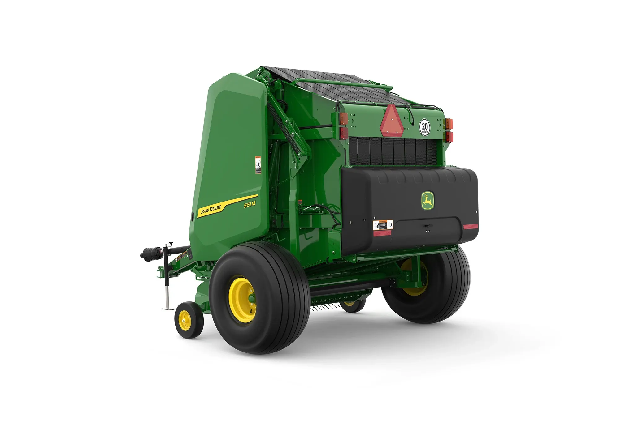 Studio rendering of 561M round baler shown from a rear three-quarter angle on a white background, featuring a green body, yellow wheels, rear compartment with John Deere logo, safety reflector, visible bale chamber belts, and enclosed pickup assembly