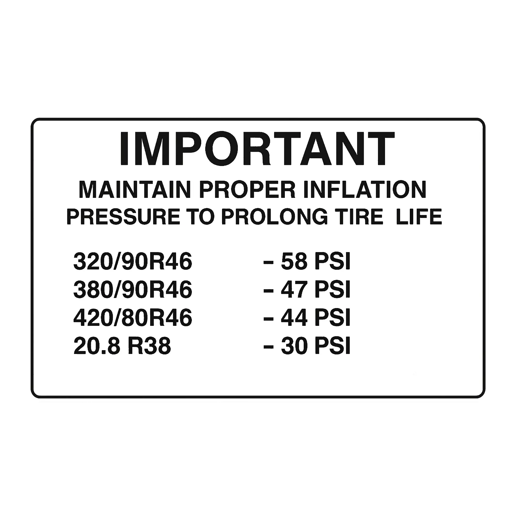John Deere Label, Tire Pressure, Portuguese - N306638