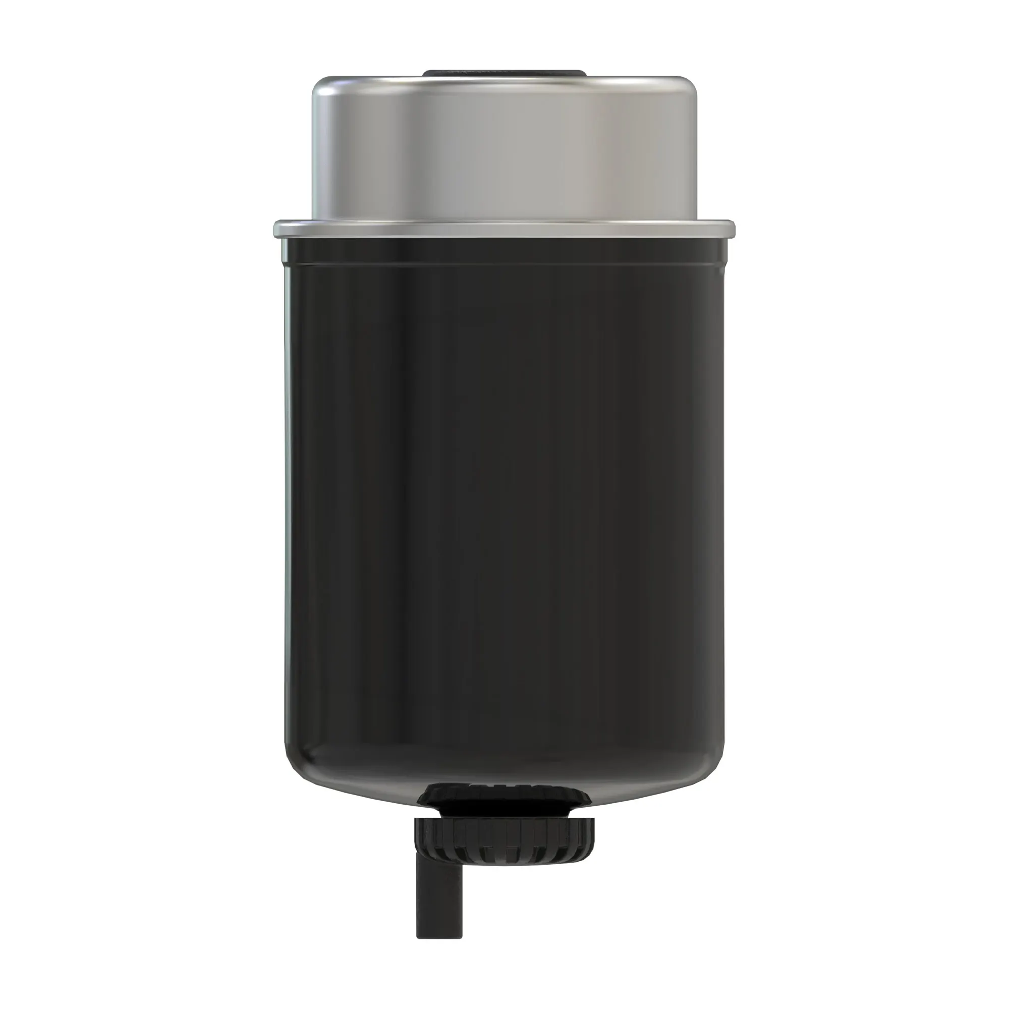 John Deere RE520842 Fuel filter with metal end caps and printed specifications on the casing.
