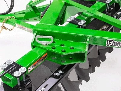 Top studio view of a TM14 drawn disk harrow's frame and pin positions, where disk gangs are adjusted