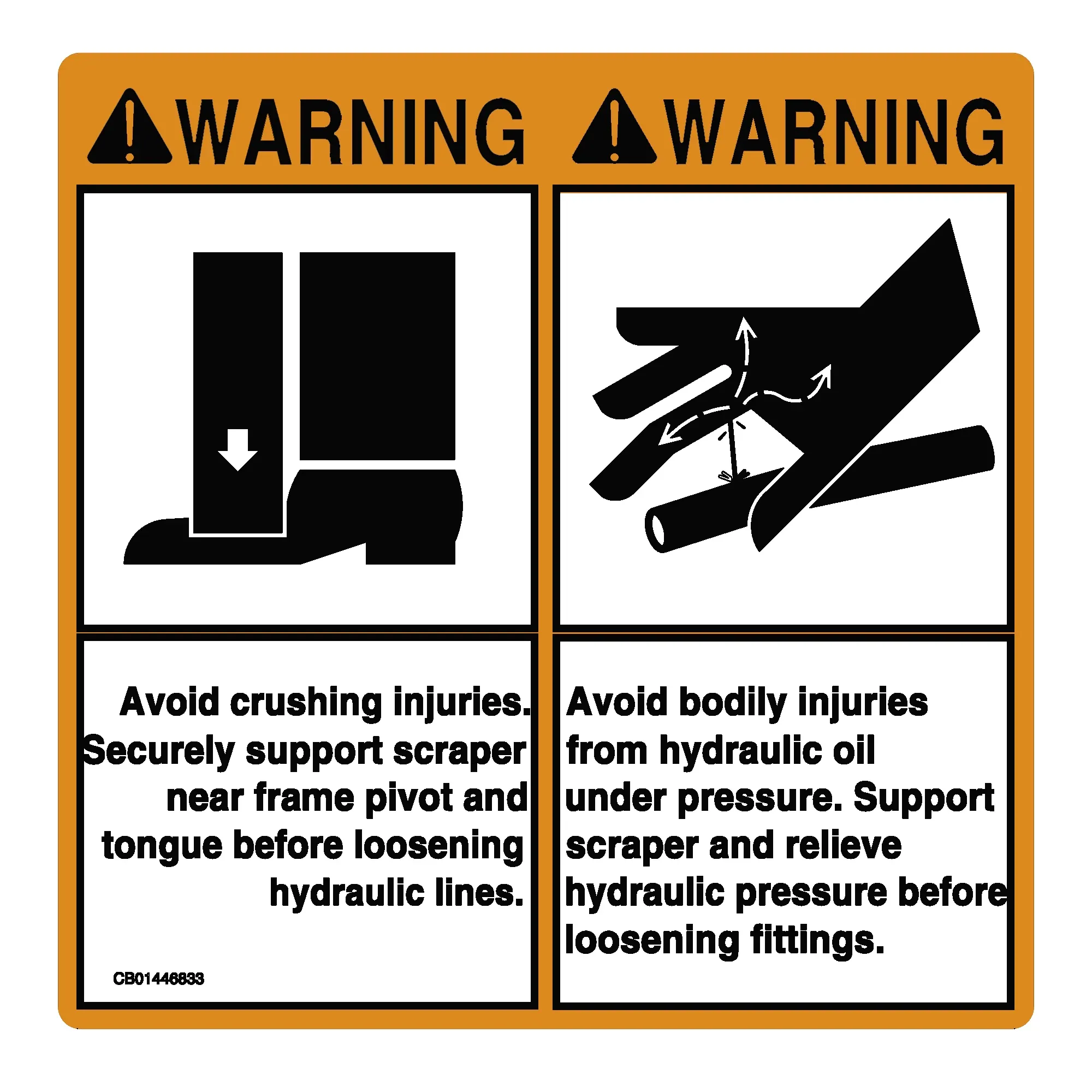 John Deere Safety Sign, Scraper Tongue Warning - CB01446833