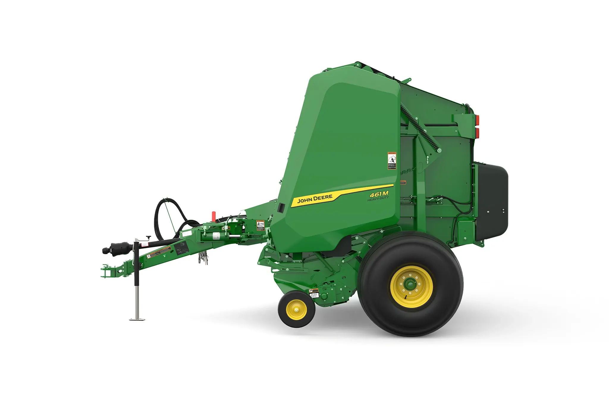 Studio rendering of 461M round baler shown in left-side profile on a white background, featuring a green body, yellow wheels, rear bale chamber, pickup assembly, and front tow hitch