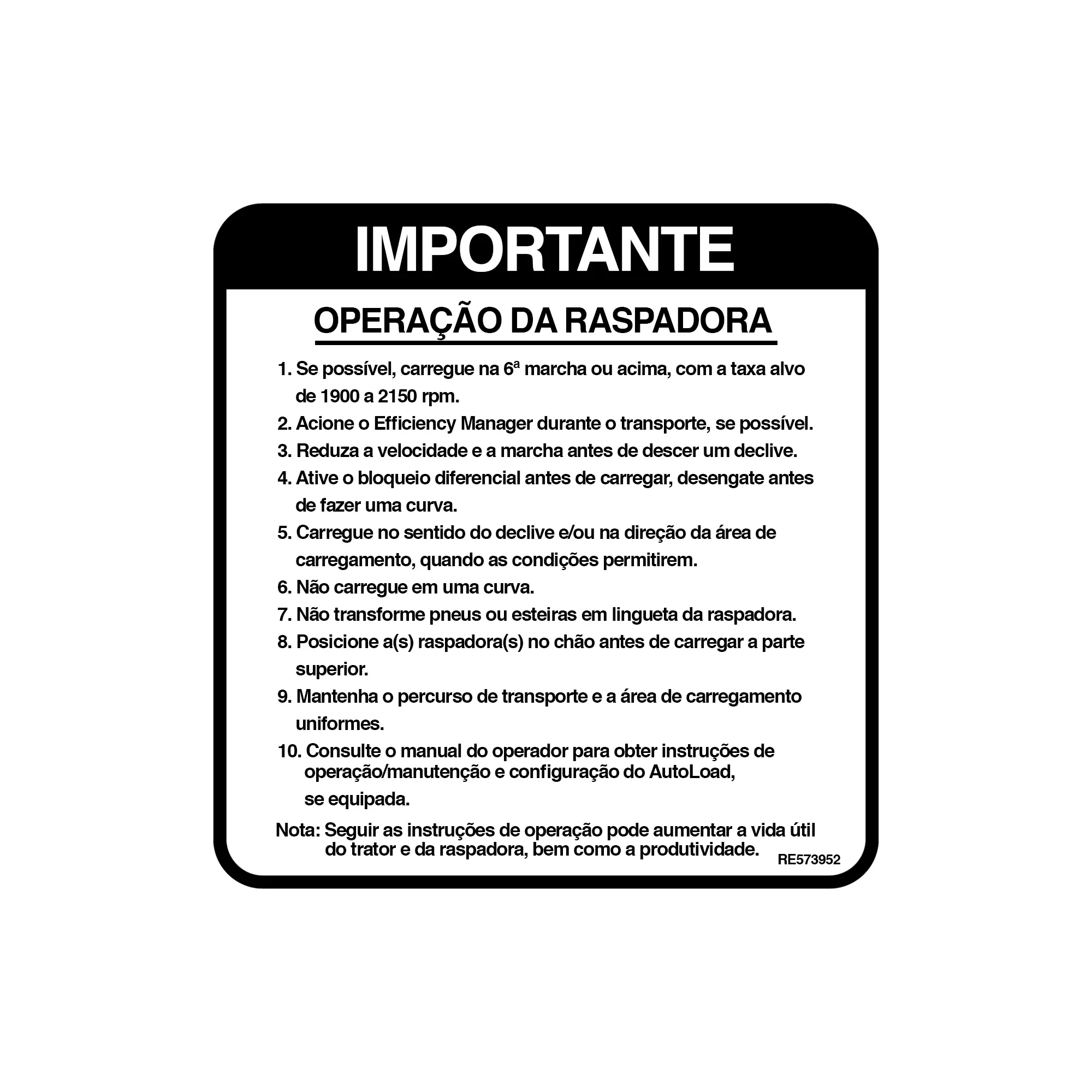 John Deere Scraper Operation Portuguese, Label - RE573952