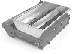 Angled, top, studio view of a TD100's galvanized steel hopper
