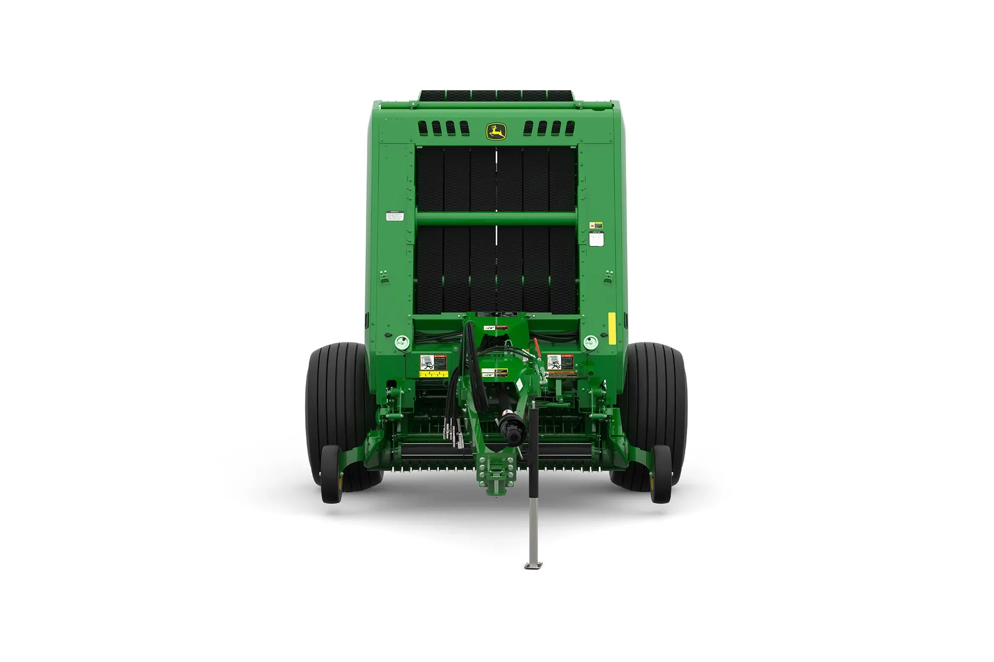 Studio rendering of 461M round baler shown from the front on a white background, featuring a green body, dual large tires, visible pickup assembly, bale chamber opening, and front tow hitch