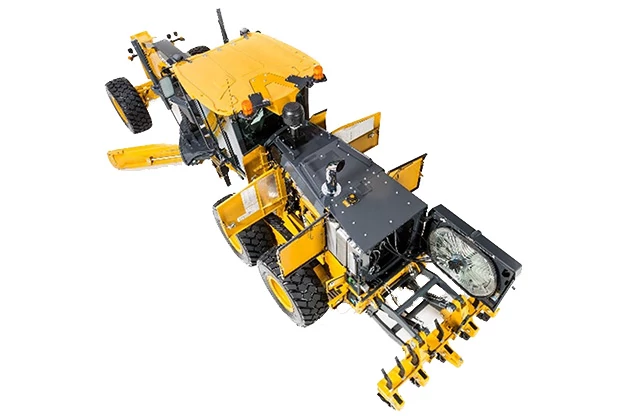 Rear left overhead studio view of motor grader with maintenance access panels open and fan assembly swung out