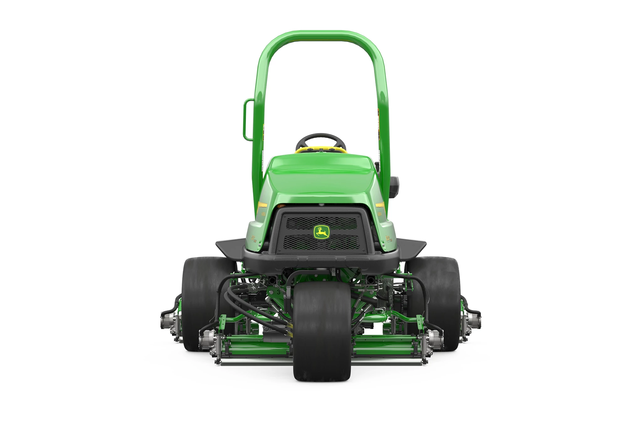 Rear studio view of a green and black 6080A E-Cut™ Hybrid Fairway Mower