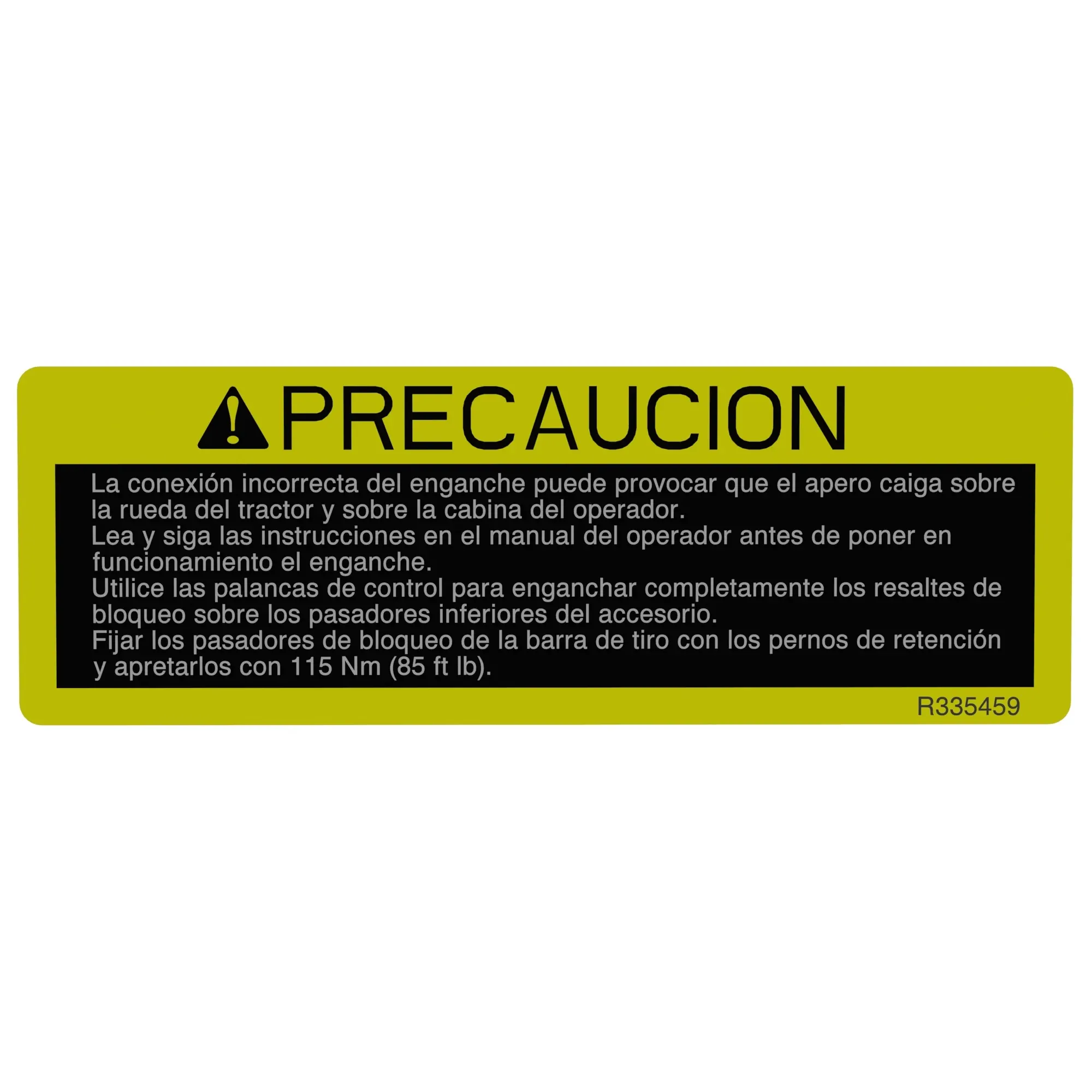 John Deere Spanish Quick Coupler Label - R335459
