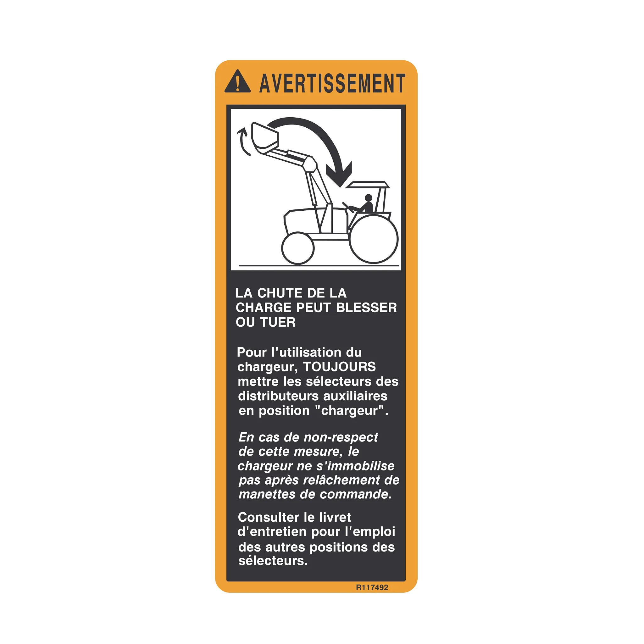 John Deere Safety Sign, Loader Warning, French - R117492