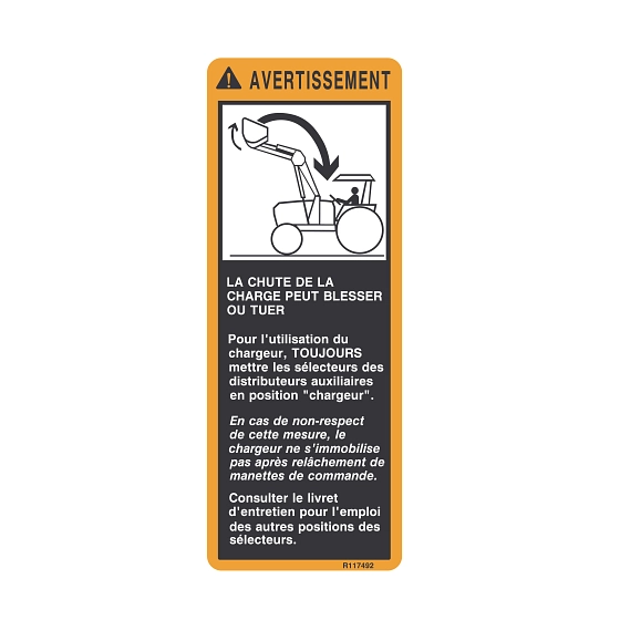 John Deere Safety Sign, Loader Warning, French - R117492