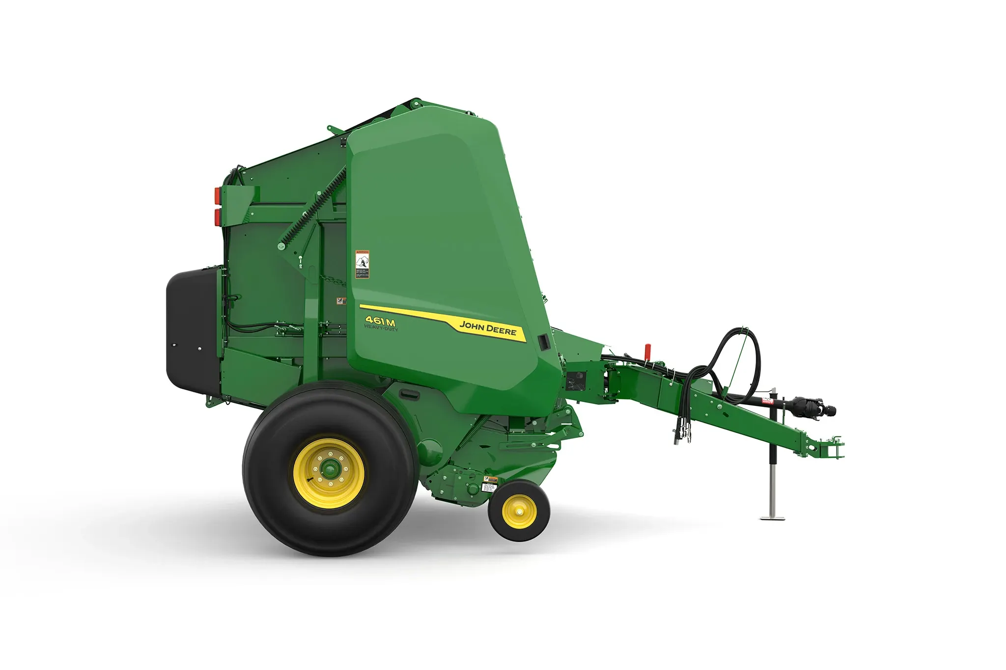 Studio rendering of 461M round baler shown in right-side profile on a white background, featuring a green body, yellow wheels, pickup assembly, and front tow hitch