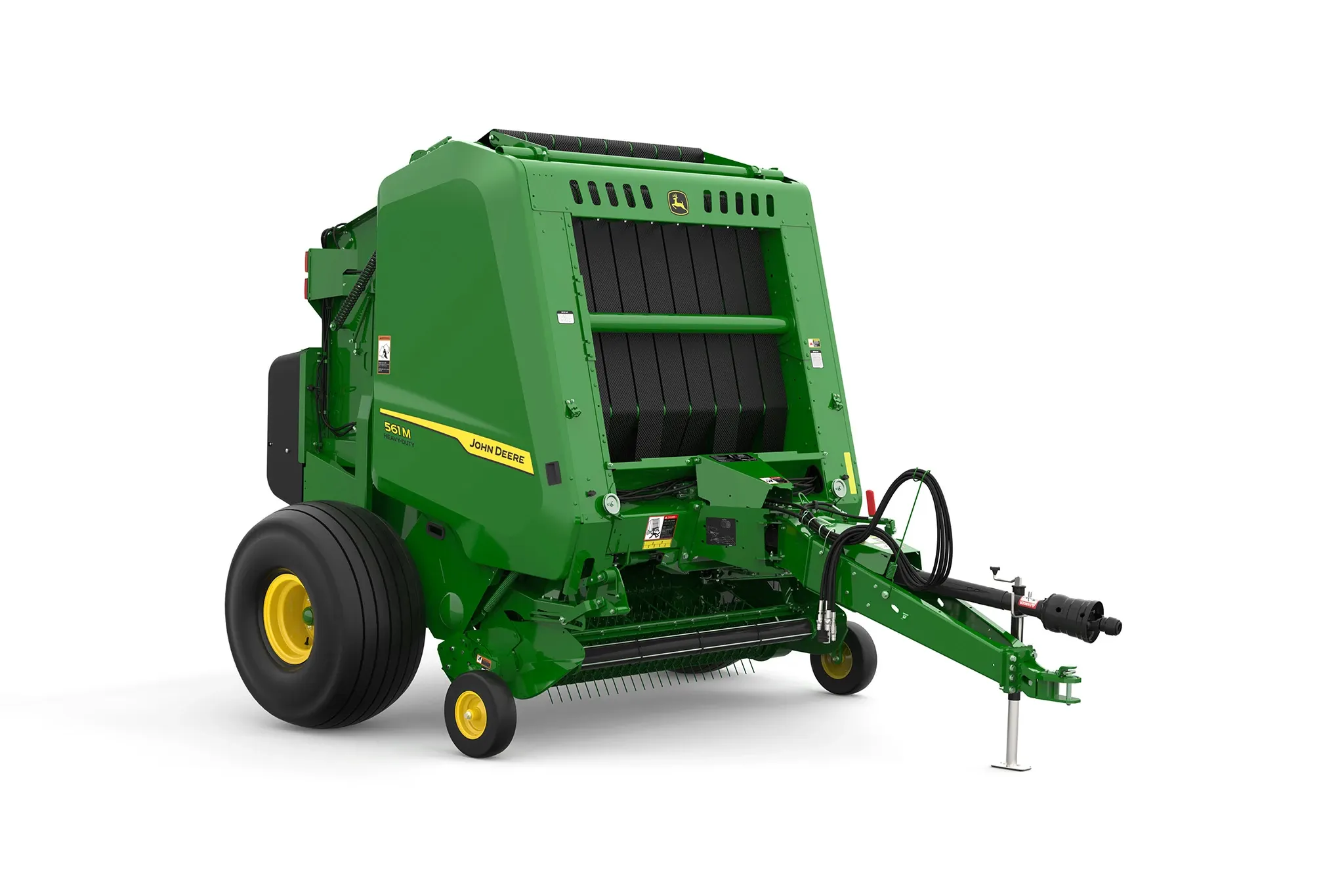 Studio rendering of 561M round baler shown from a front three-quarter angle on a white background, featuring a green body, yellow wheels, open pickup assembly, visible bale chamber belts, hydraulic hoses, PTO driveline, and front tow hitch