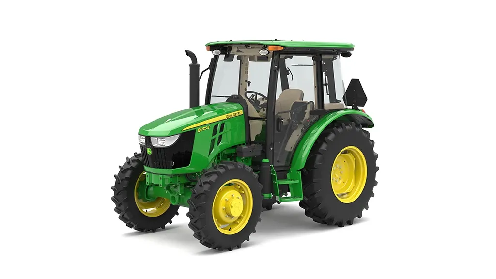 Studio image with front left view of 5075E Utility Tractor.
