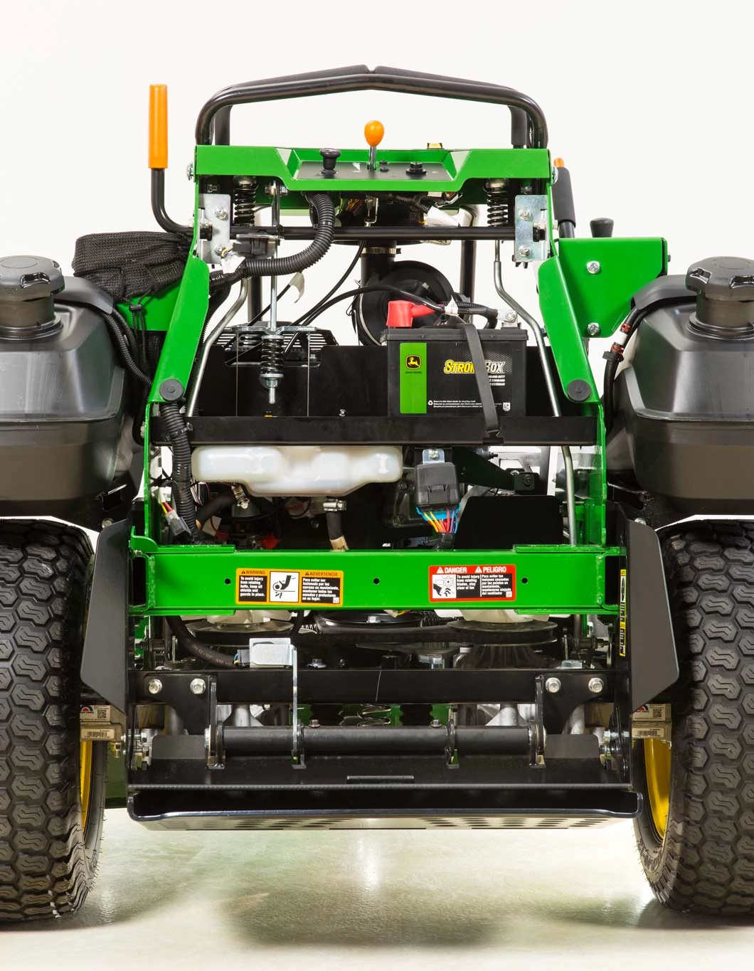 Front left studio view of a Q820M QuikTrak™ Stand-On Mower