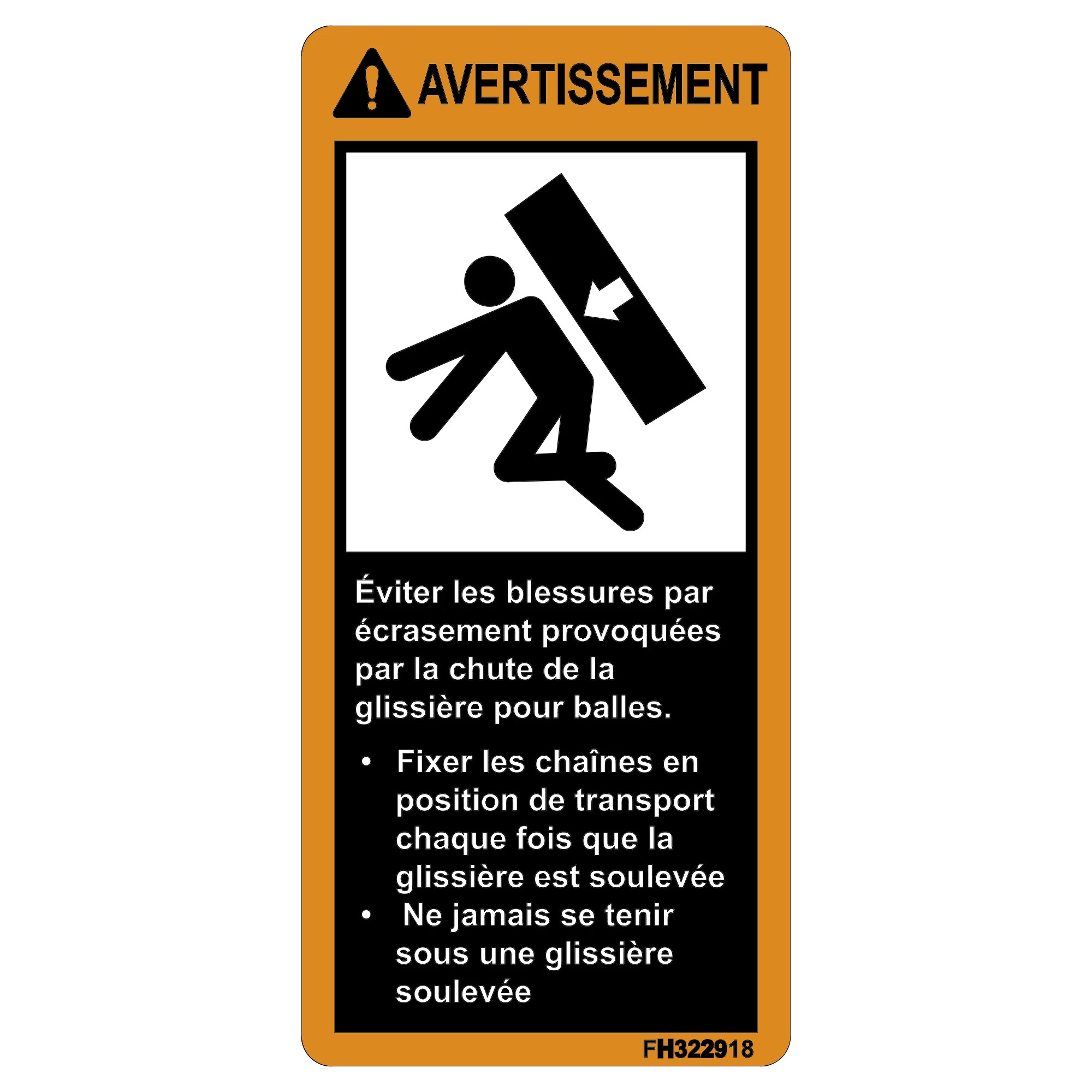 John Deere Bale Chute Warning Label, French - FH322918