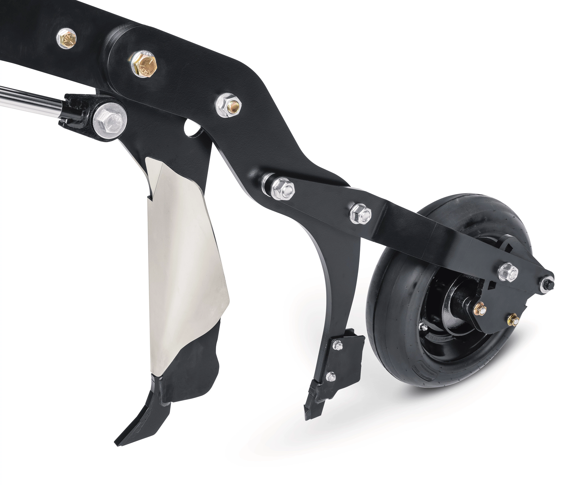 Black metal opener assembly featuring a small wheel on the right, multiple bolts and brackets, and a curved blade component on the left against a plain white background