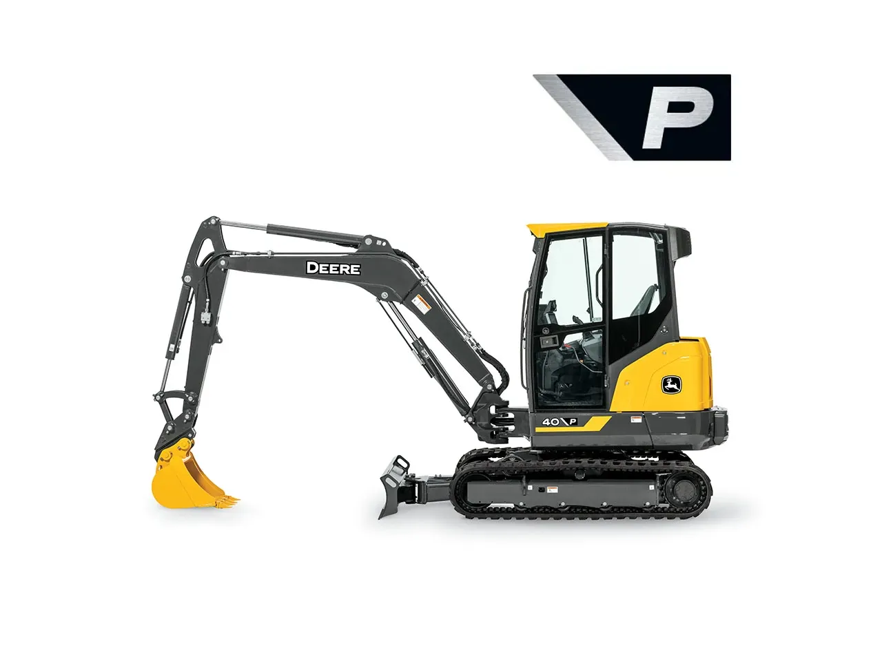 Side view of a John Deere 40 P compact excavator on a light gray background. The machine features a black boom and arm with a yellow digging bucket, a yellow-and-black enclosed operator cab, rubber tracks, and a front dozer blade.