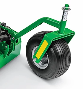Close-up studio view of an FM41 series flex wing grooming mower's adjustable caster wheel