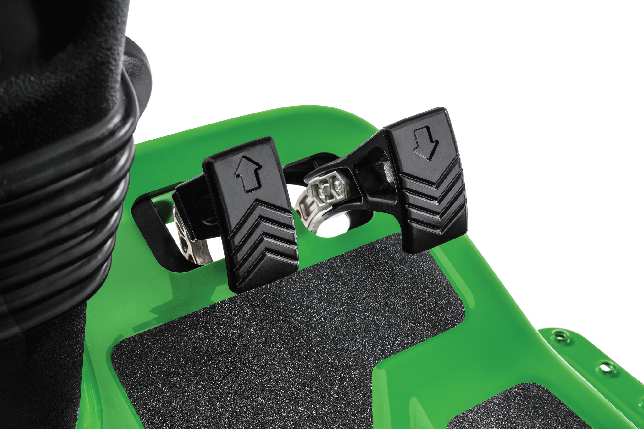 Studio close-up of a 7500A Fairway Mower's black dual foot pedals