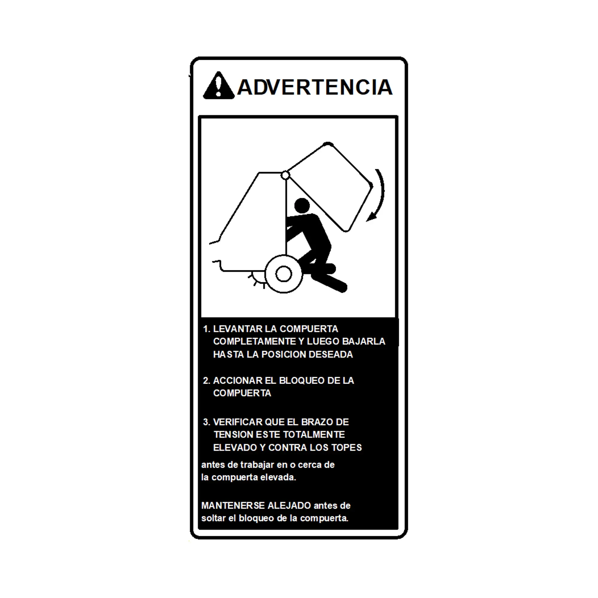 John Deere Gate Lock Warning Label, Spanish - E95556