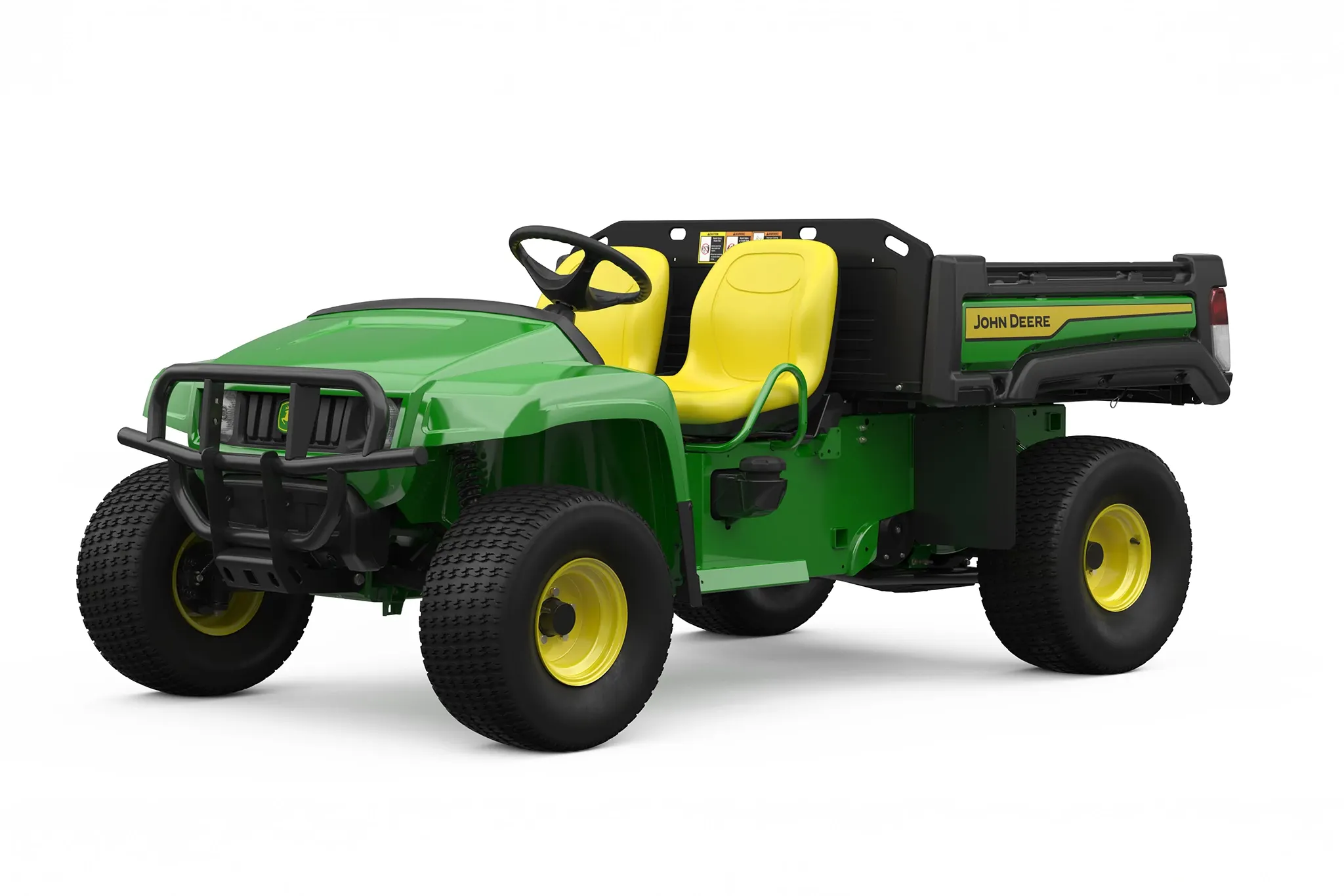 A compact utility vehicle with an open cab, yellow seat, rugged tires, front brush guard, and rear cargo bed, displayed at an angle on a white background.