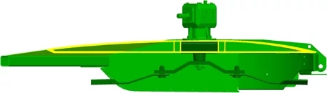 A side-view illustration of a green rotary cutter with a gearbox mounted on top and cutting components shown underneath