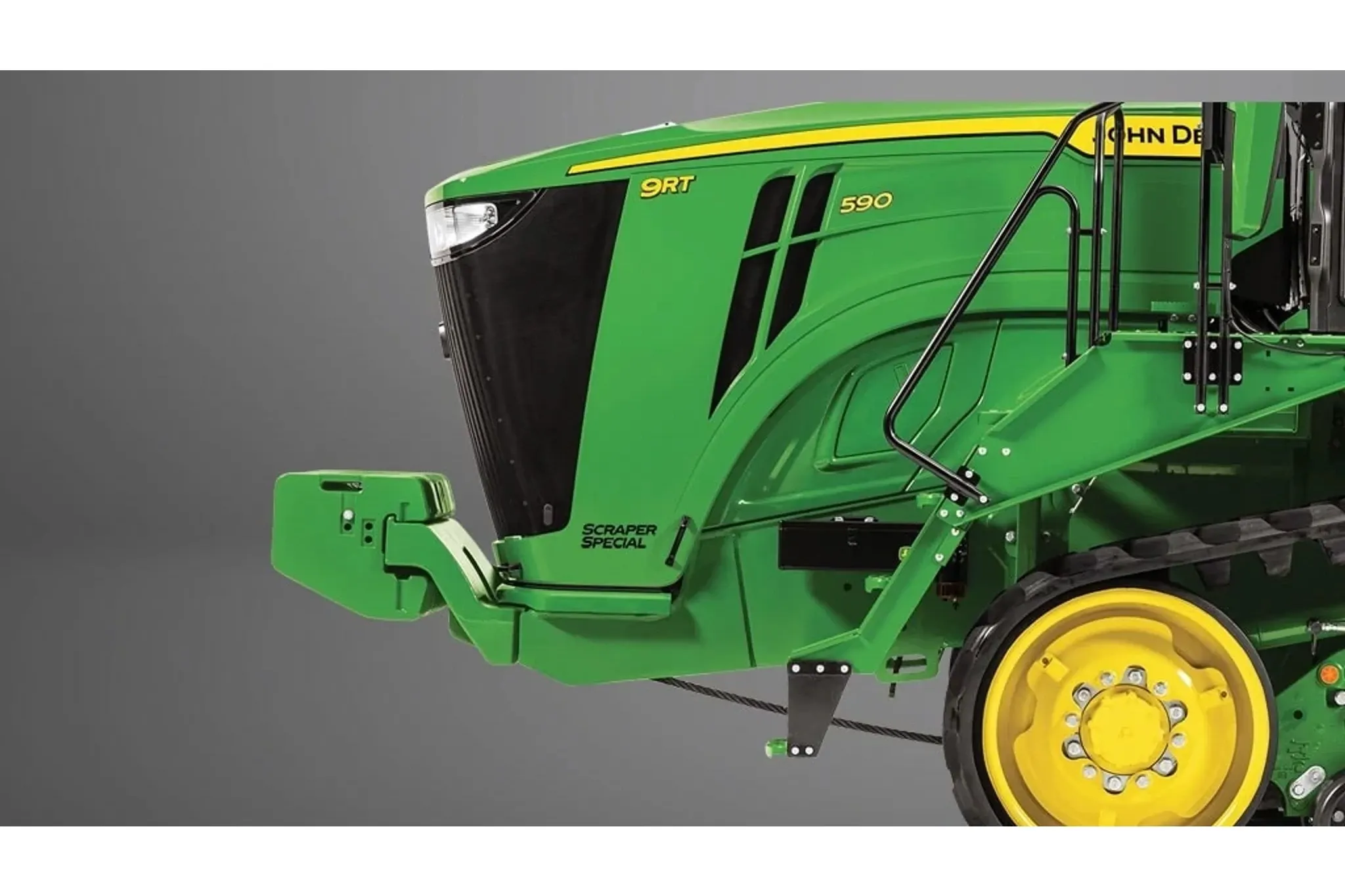 Studio image of the front of a 9RT 590 Tractor