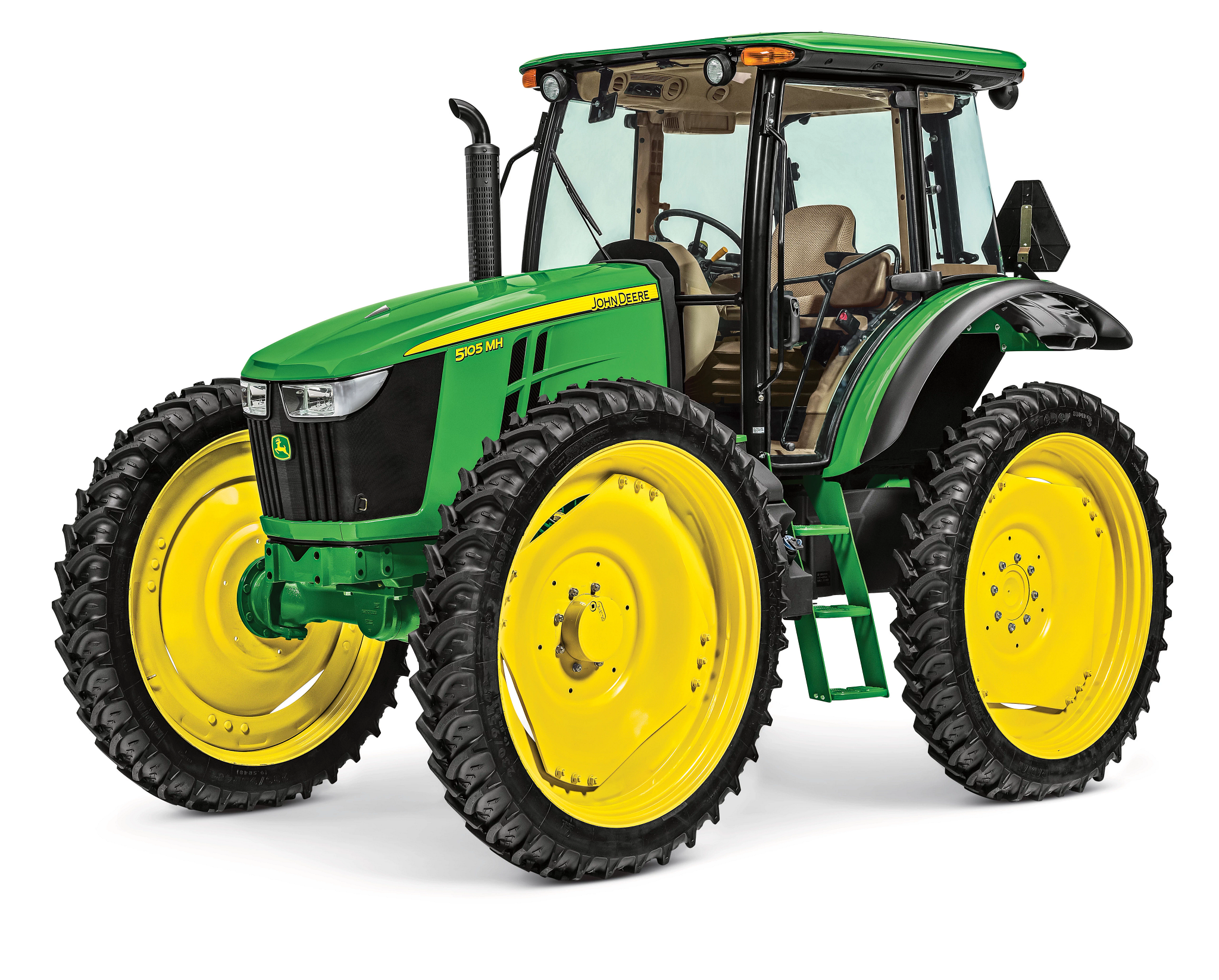 John Deere 5E Series utility tractor with open operator station and canopy, green body and yellow wheels, four large agricultural tires, shown on a white studio background.