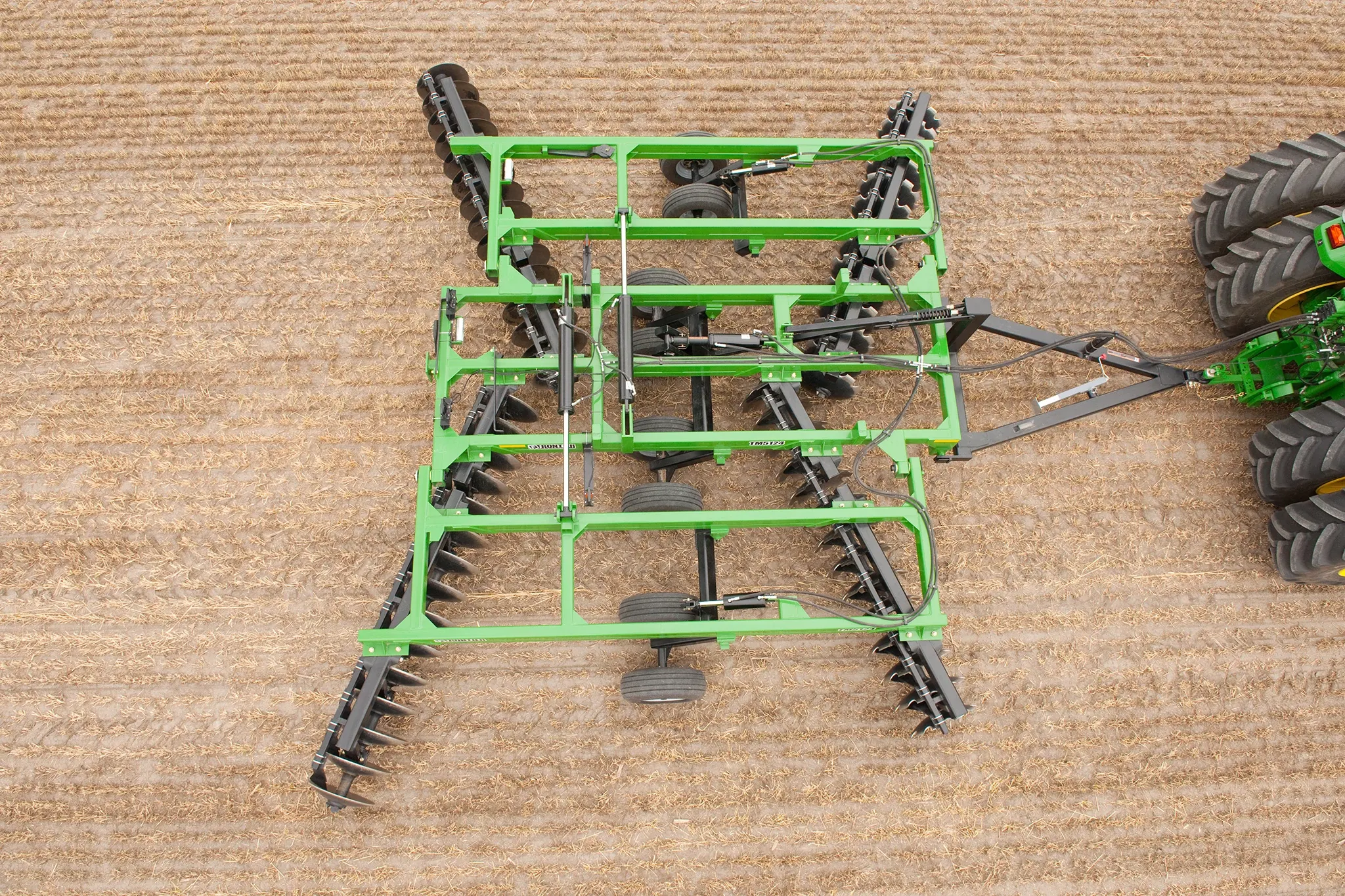 Overhead view of a Frontier Tandem 51 Series Disk Harrow in the field