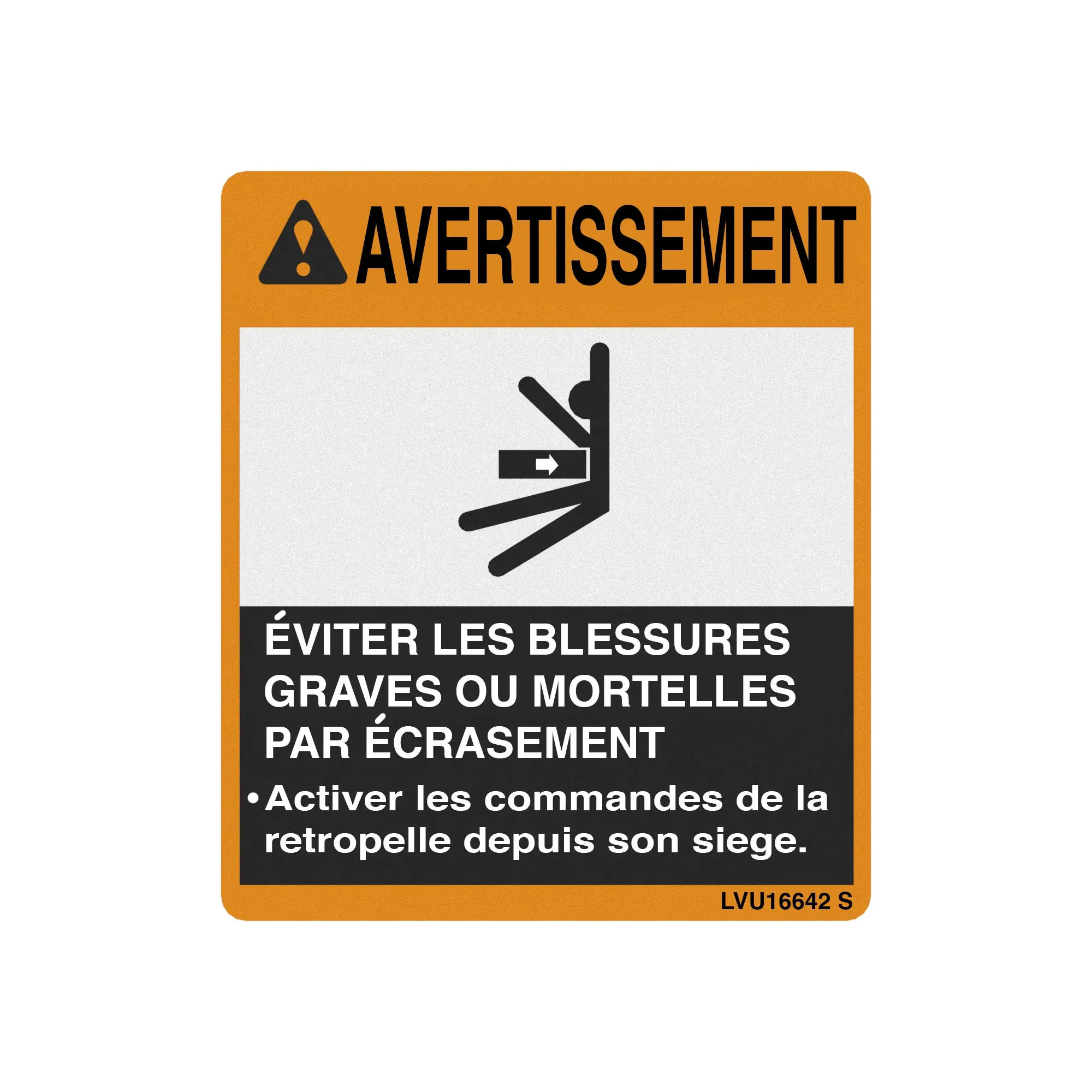 John Deere Safety Sign, Backhoe Warning, Canadian French - LVU16642