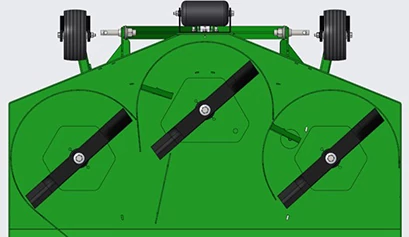 Computer-generated graphic of the underside of a grooming mower deck, with its three blades in separate circular depressions