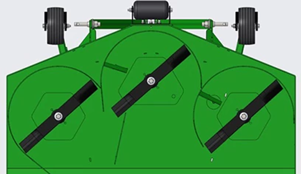Computer-generated graphic of the underside of a grooming mower deck, with its three blades in separate circular depressions