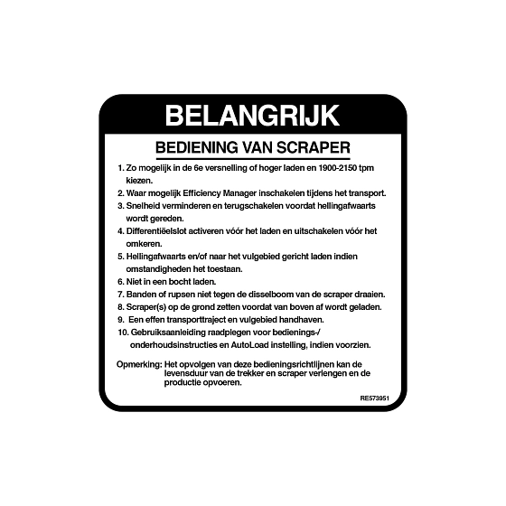 John Deere Scraper Operation Label, Dutch - RE573951