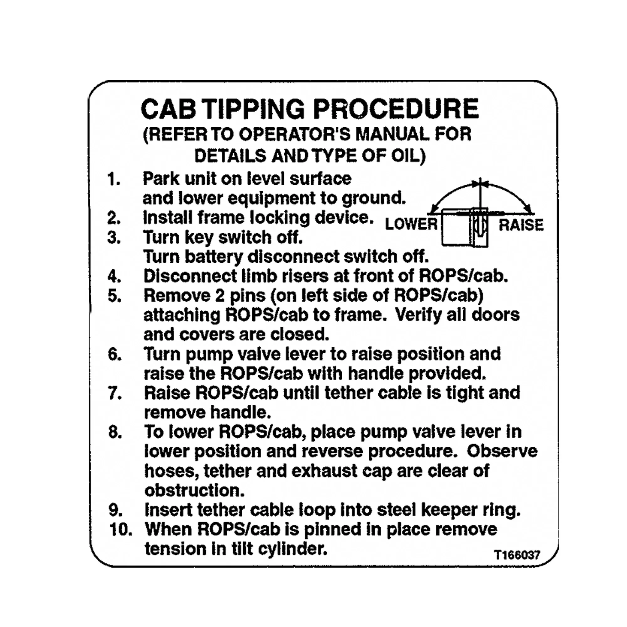 John Deere Tilt Cab Tipping Procedure Label - T186036