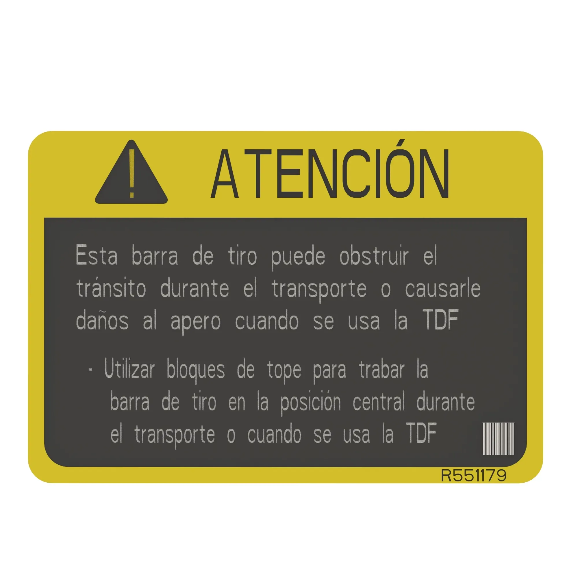 John Deere Safety Sign, Wide Swing Warning, Spanish - R551179