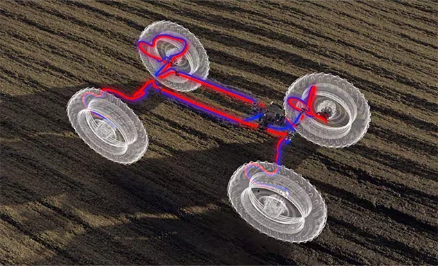 A digital graphic on a field background showing the CommandDrive™ powertrain system with hydraulic lines in red and blue.